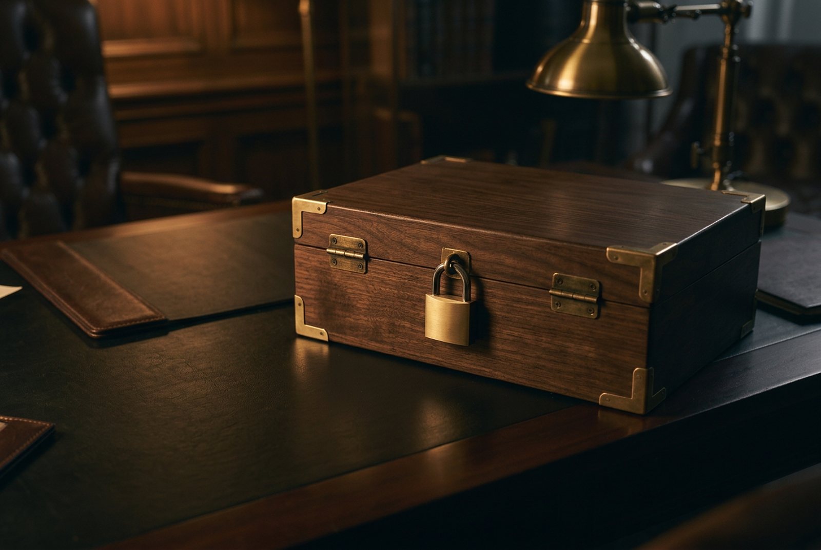 A walnut document box with brass corners and a closed brass padlock on a leather-topped desk, in low warm light.