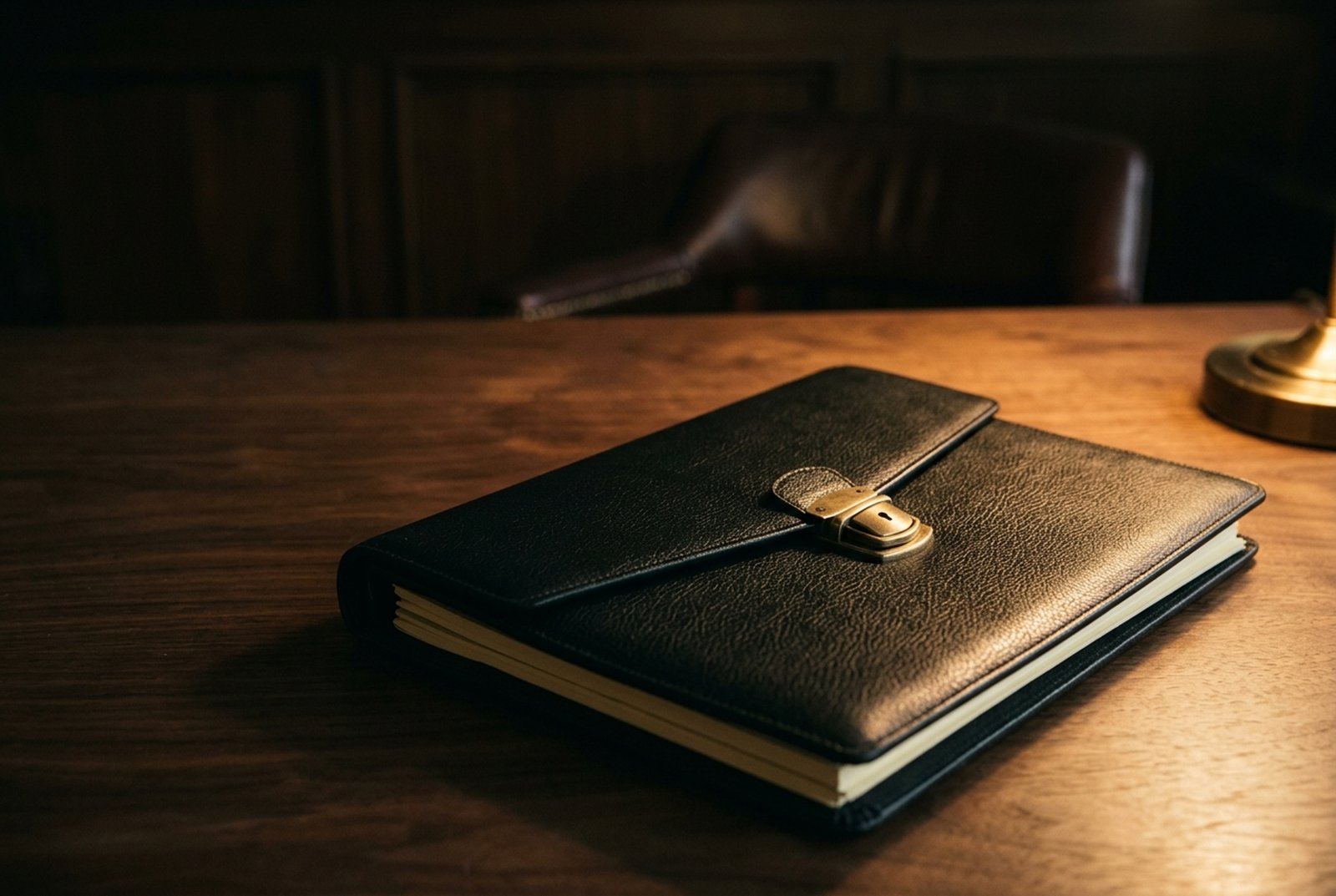 A closed black leather portfolio with a brass clasp on a walnut desk, in low warm light.