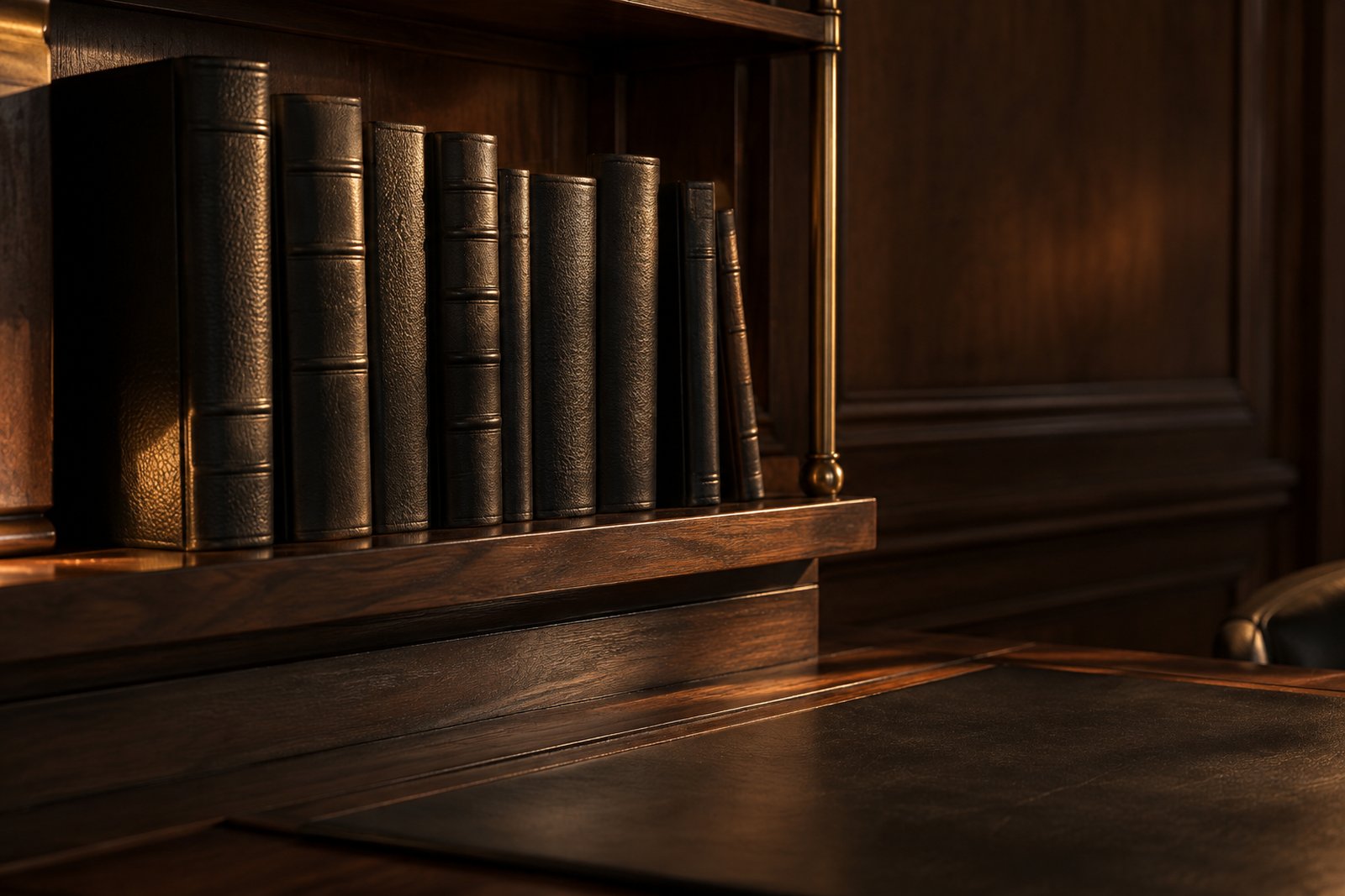 A row of leather-bound volumes with blank spines on a walnut shelf, in low warm light.