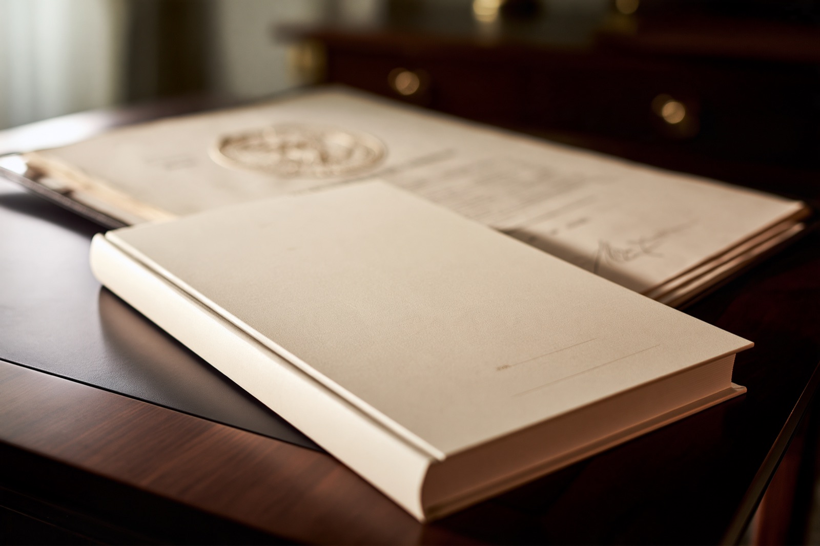 A plain bound volume resting on a signed, sealed document on a dark wooden desk.