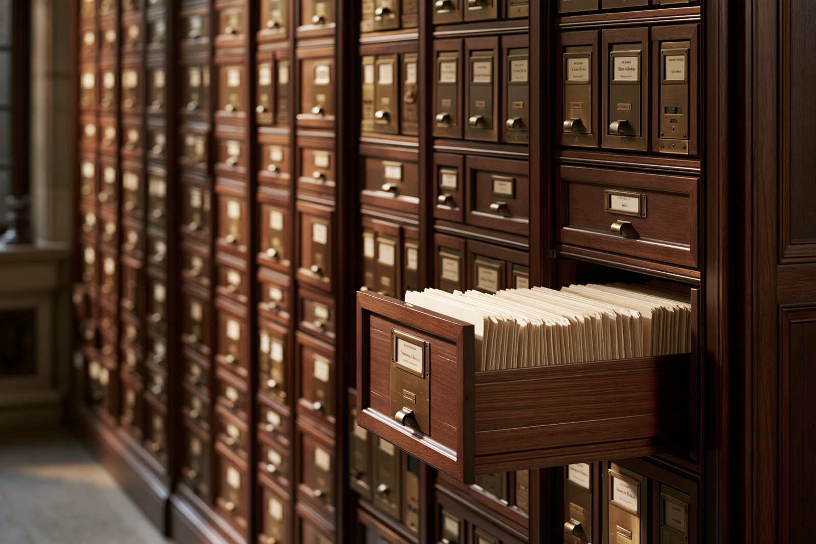 A wall of wooden file drawers in a records room, one drawer pulled open to rows of folders.
