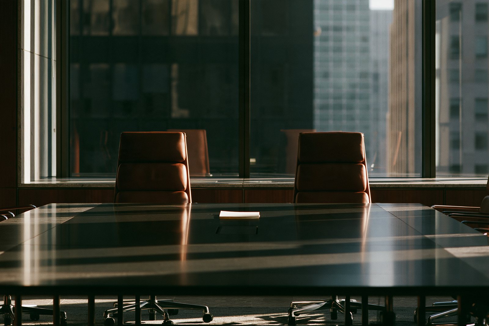 An empty conference room, two leather chairs behind a long dark table, city towers in the window.
