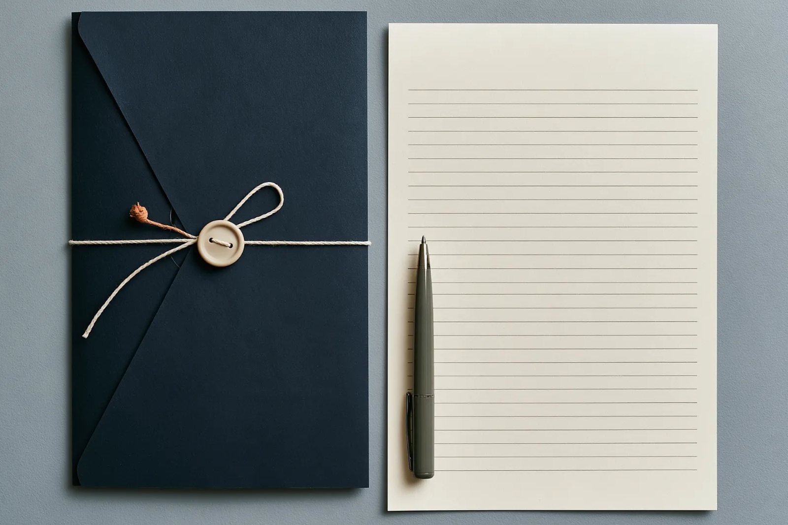 A navy document folder tied shut beside a blank ruled sheet and a pen on a grey desk, seen from above.
