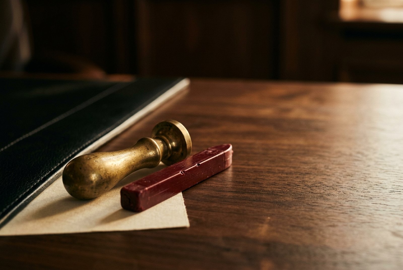 A brass wax-seal stamp beside a stick of dark red sealing wax on a walnut desk, in low warm light.
