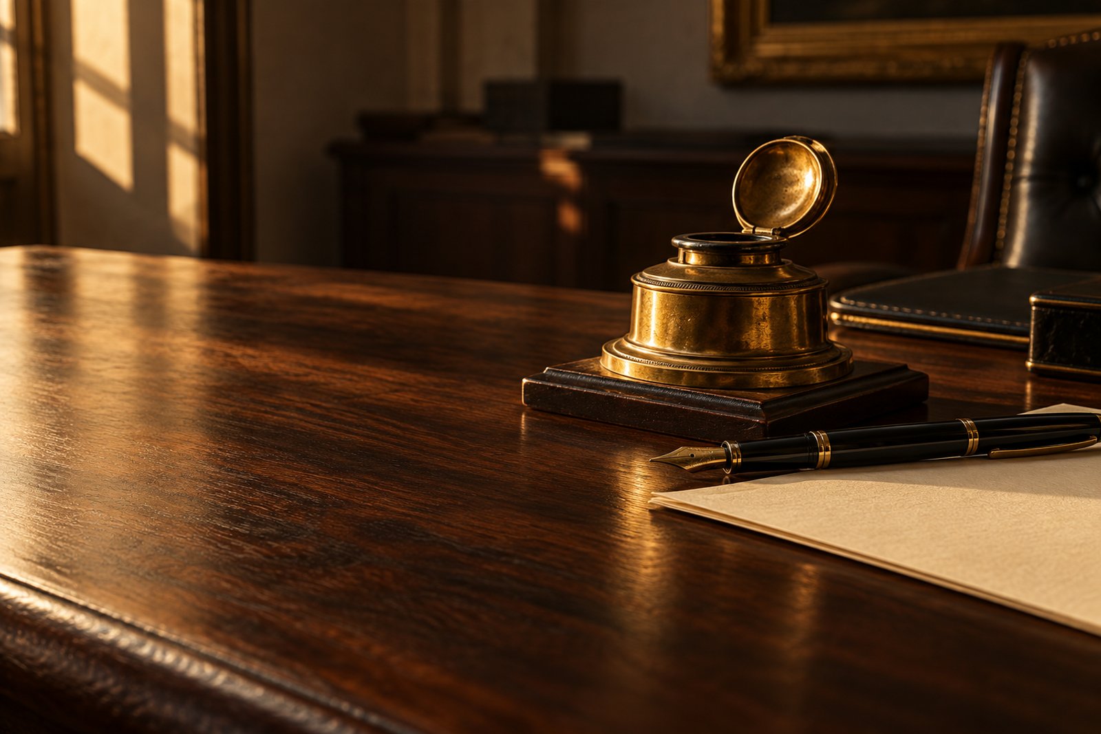 A brass inkwell beside a black fountain pen on a walnut desk, in low warm light.