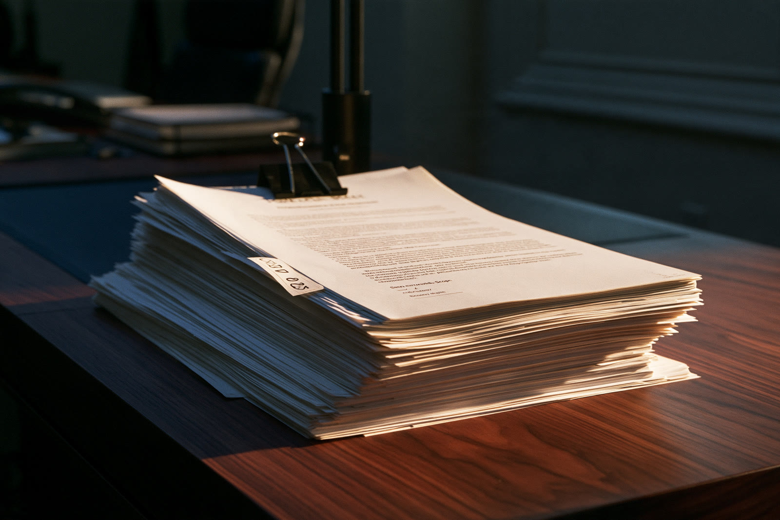 A tall stack of clipped paper files on a desk in low light.