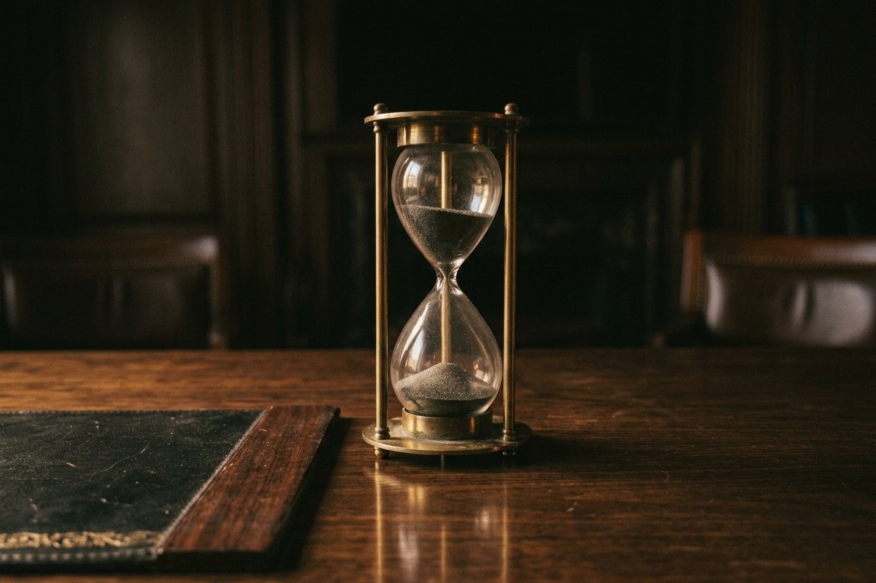 A brass-framed hourglass standing upright on a walnut desk beside a black leather desk pad, in low warm light.