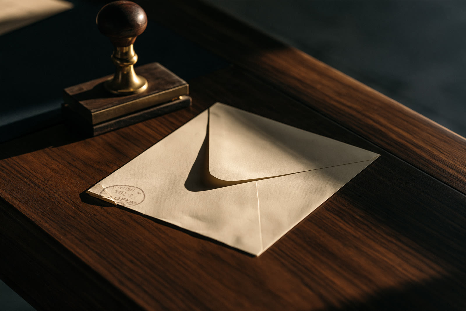 A sealed envelope and a brass-handled stamp on a dark wooden desk.