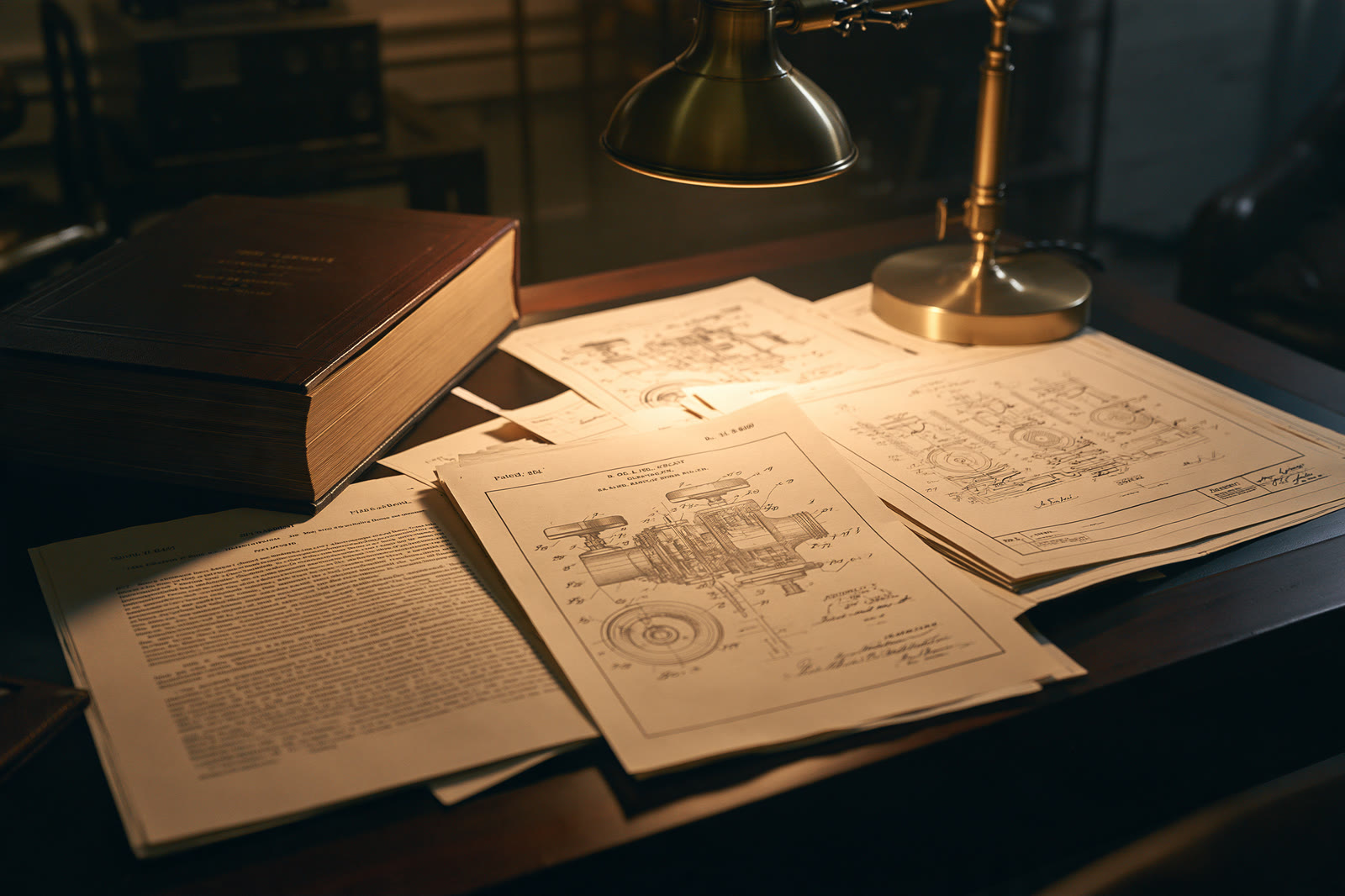 Technical drawings and a bound volume on a desk under a brass lamp.