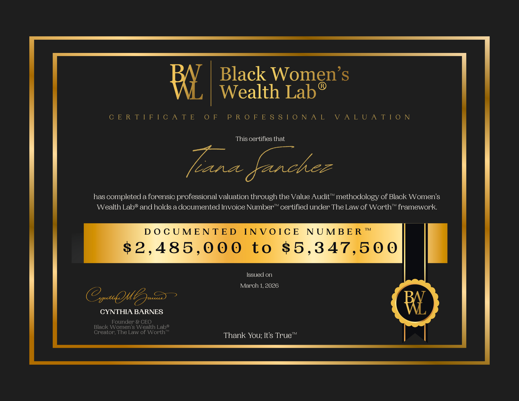 Value Audit Certificate for Tiana Sanchez