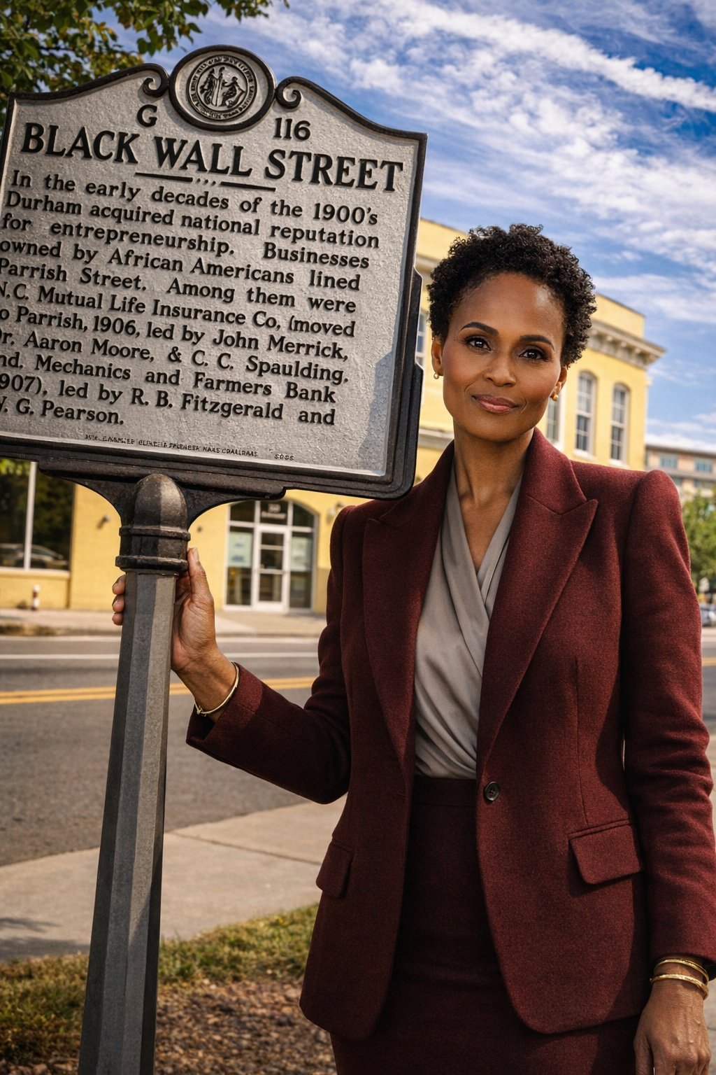 Cynthia Barnes at the Black Wall Street marker, Durham NC