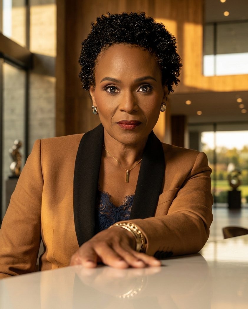 Cynthia Barnes, founder of Black Women’s Wealth Lab®, in a camel suit at a table.